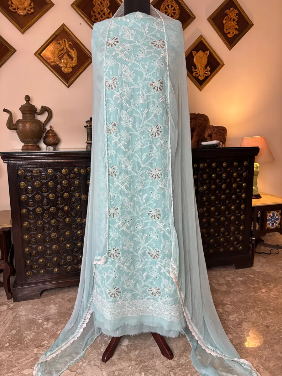 Chikankari Cotton Voile Suits Light Blue and  Peach (Unstitched) - Image 1 of 3