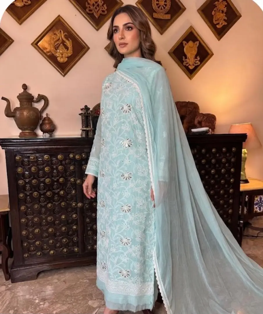 Chikankari Cotton Voile Suits Light Blue and  Peach (Unstitched) -light blue / fabric kurta and pants 2.5 mts each dupatta2.5 mts -image 2 of 3