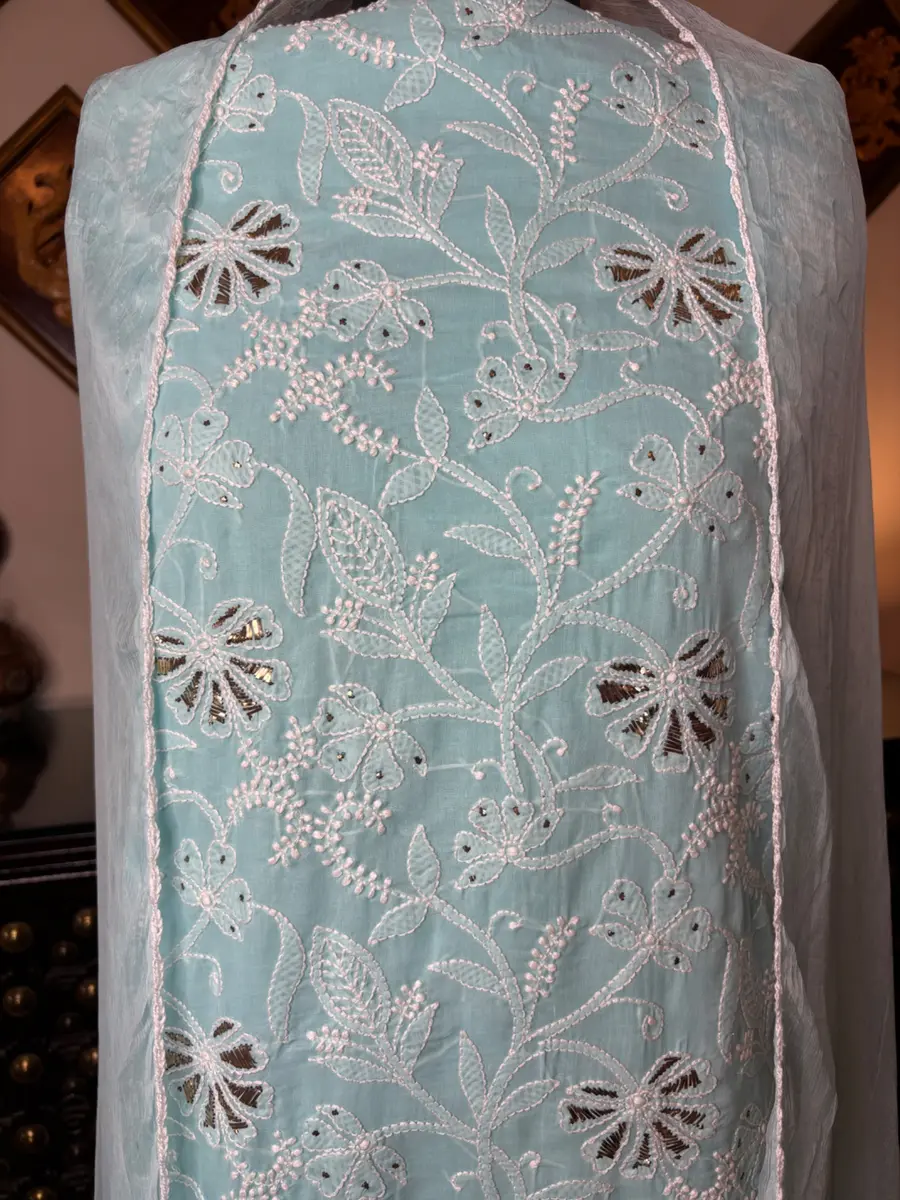 Chikankari Cotton Voile Suits Light Blue and  Peach (Unstitched) -light blue / fabric kurta and pants 2.5 mts each dupatta2.5 mts -image 3 of 3