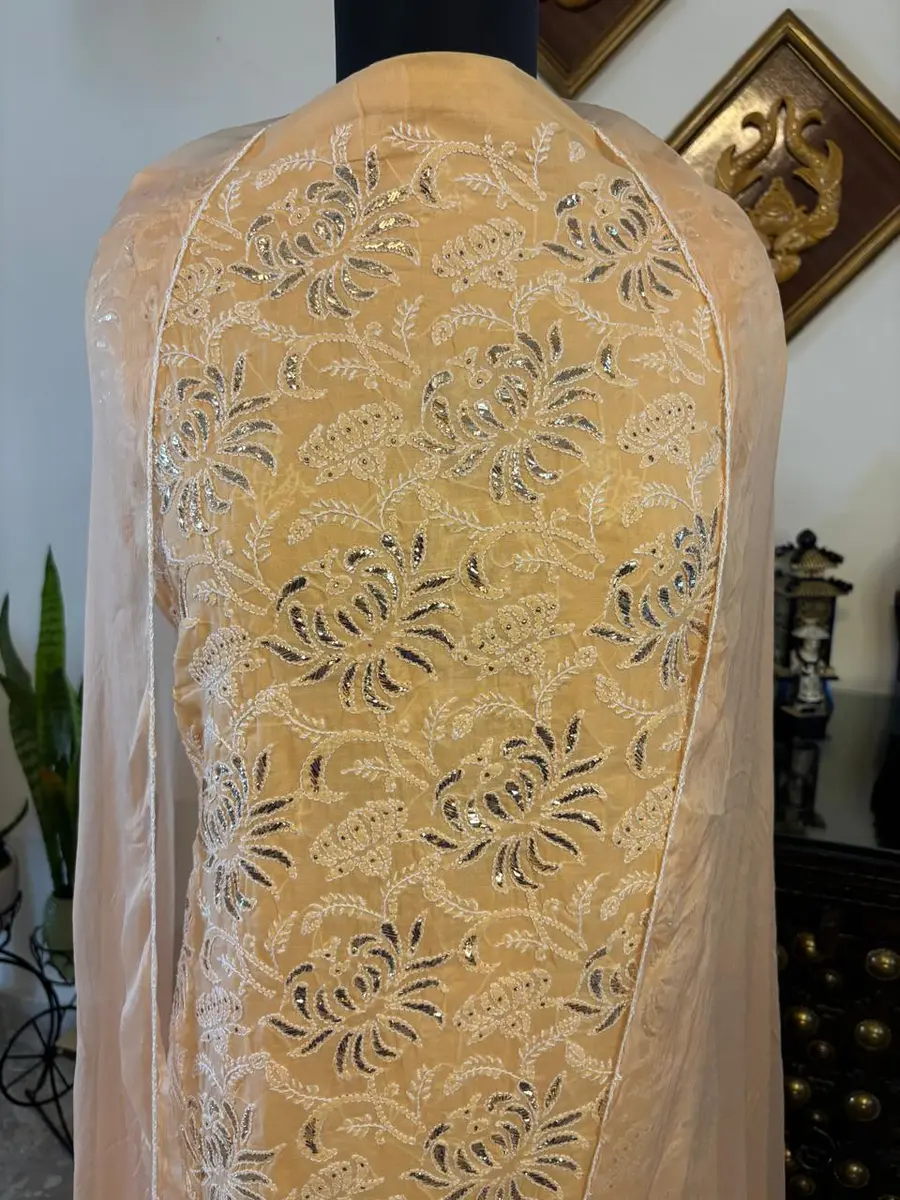Chikankari Cotton Voile Suits Light Blue and  Peach (Unstitched) -peach / fabric kurta and pants 2.5mts each ; dupatta 2.5mts -image 2 of 4