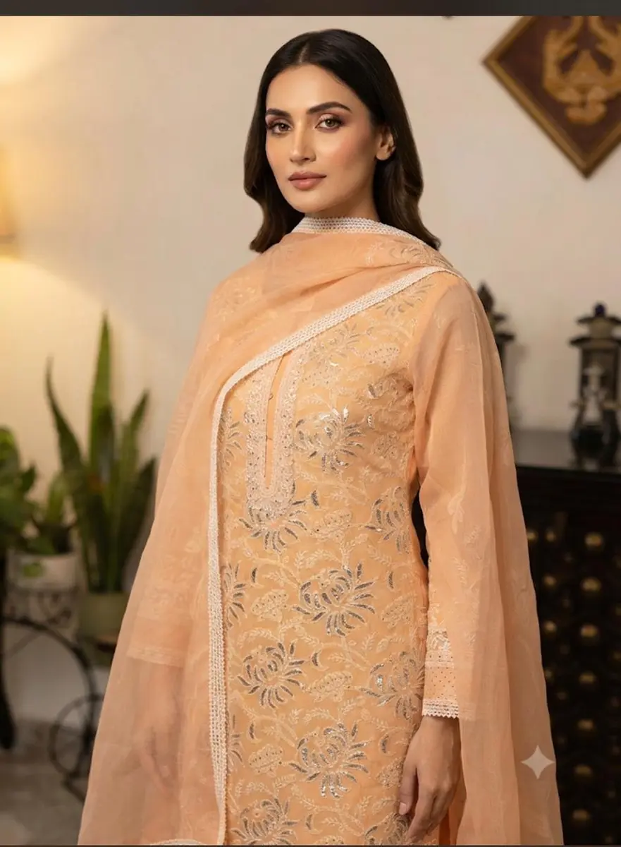 Chikankari Cotton Voile Suits Light Blue and  Peach (Unstitched) -peach / fabric kurta and pants 2.5mts each ; dupatta 2.5mts -image 4 of 4