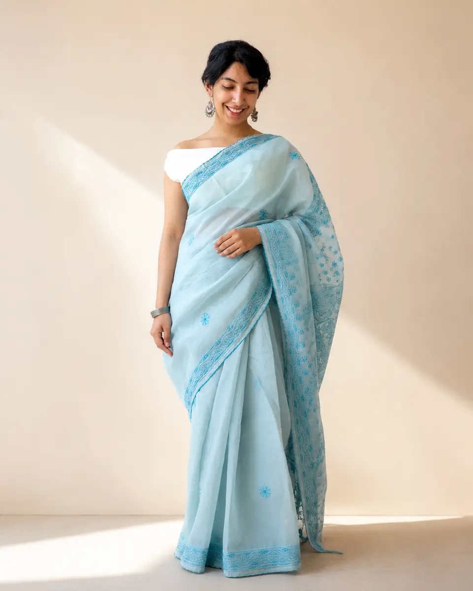 Chikankari Cotton Saree Light Blue - Casual Daily Wear - Image 1 of 3