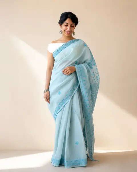 Chikankari Cotton Saree Light Blue - Casual Daily Wear — image 1 of 3