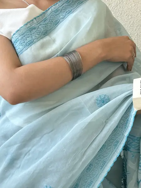 Chikankari Cotton Saree Light Blue - Casual Daily Wear — image 2 of 3