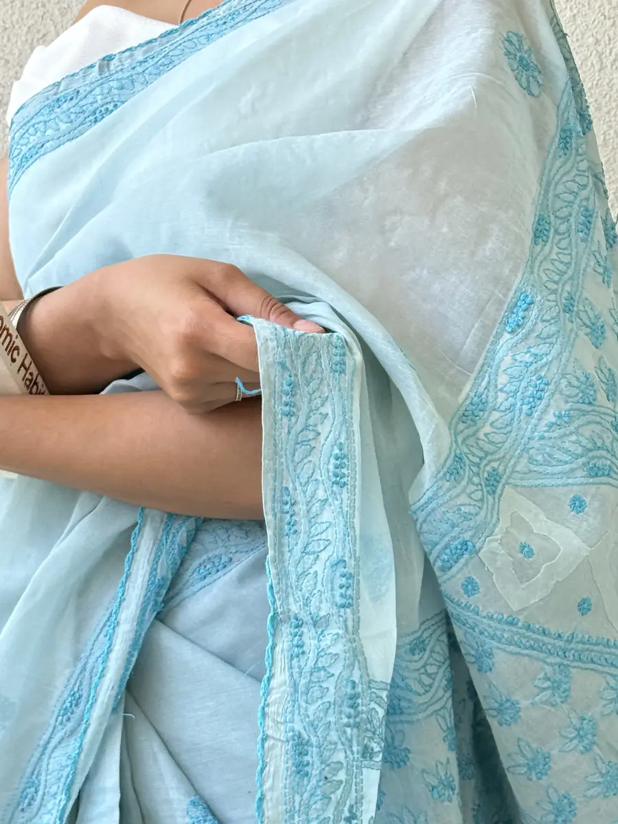 Chikankari Cotton Saree Light Blue - Casual Daily Wear thumbnail 3