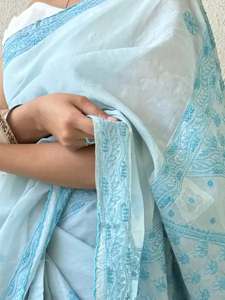 Chikankari Cotton Saree Light Blue - Casual Daily Wear — image 3 of 3