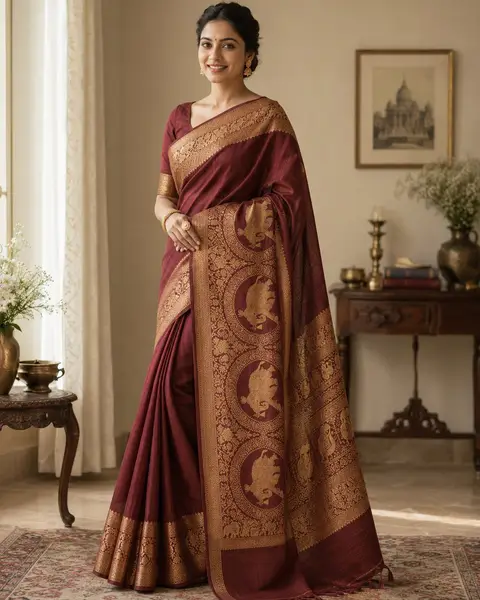 Dola Silk Saree Maroon Gold Zari - Wedding Festive Wear — image 1 of 3