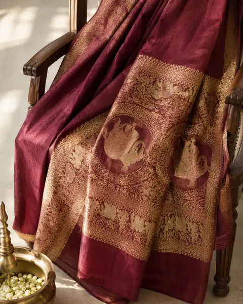Dola Silk Saree Maroon Gold Zari - Wedding Festive Wear — image 2 of 3