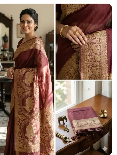 Dola Silk Saree Maroon Gold Zari - Wedding Festive Wear — image 3 of 3