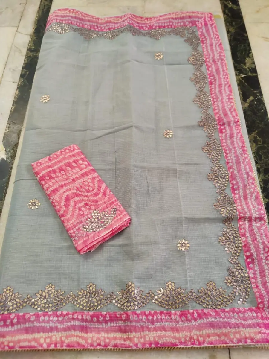 Kota Doria Saree with Pink Bandhej Border and Gota Patti -image 4 of 4