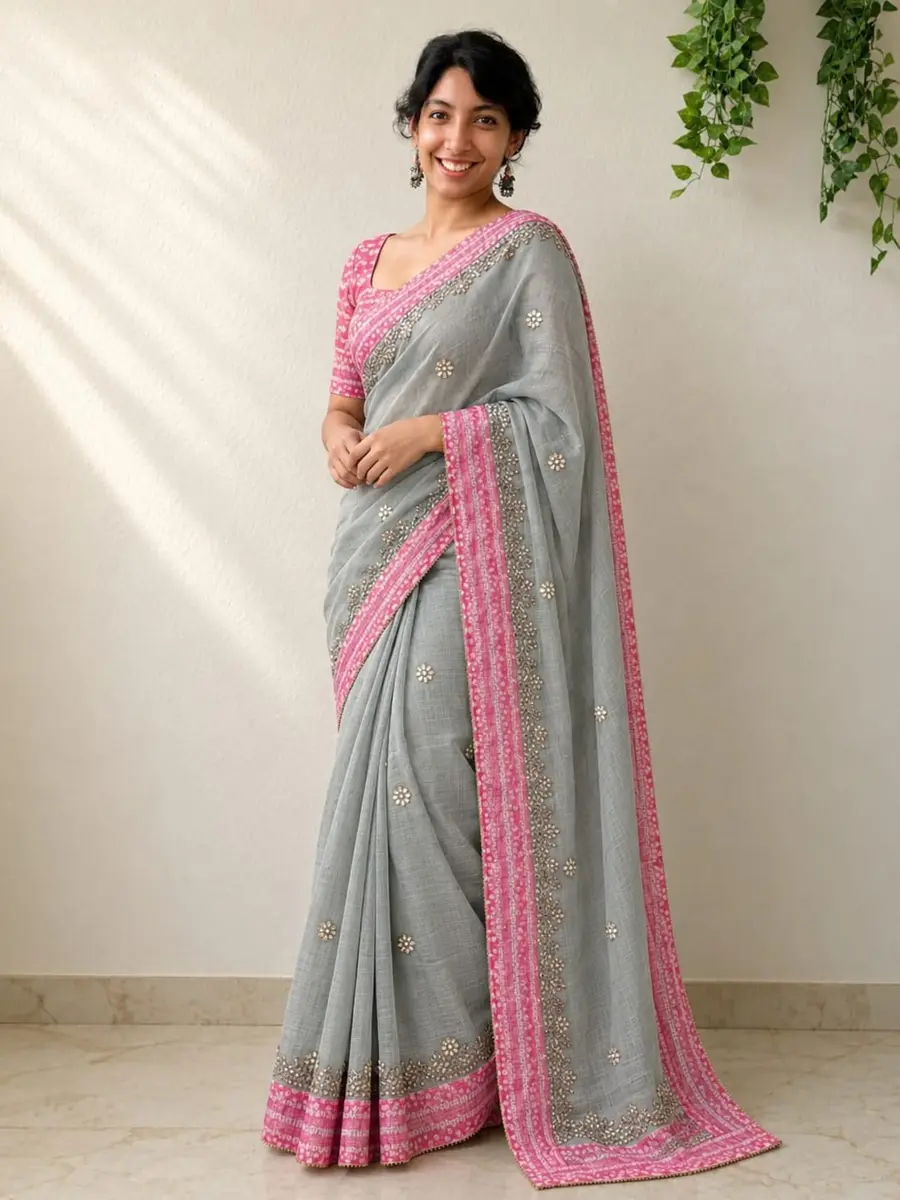 Kota Doria Saree with Pink Bandhej Border and Gota Patti -image 1 of 4
