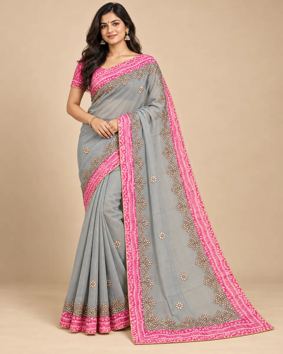 Kota Doria Saree with Pink Bandhej Border and Gota Patti thumbnail 3