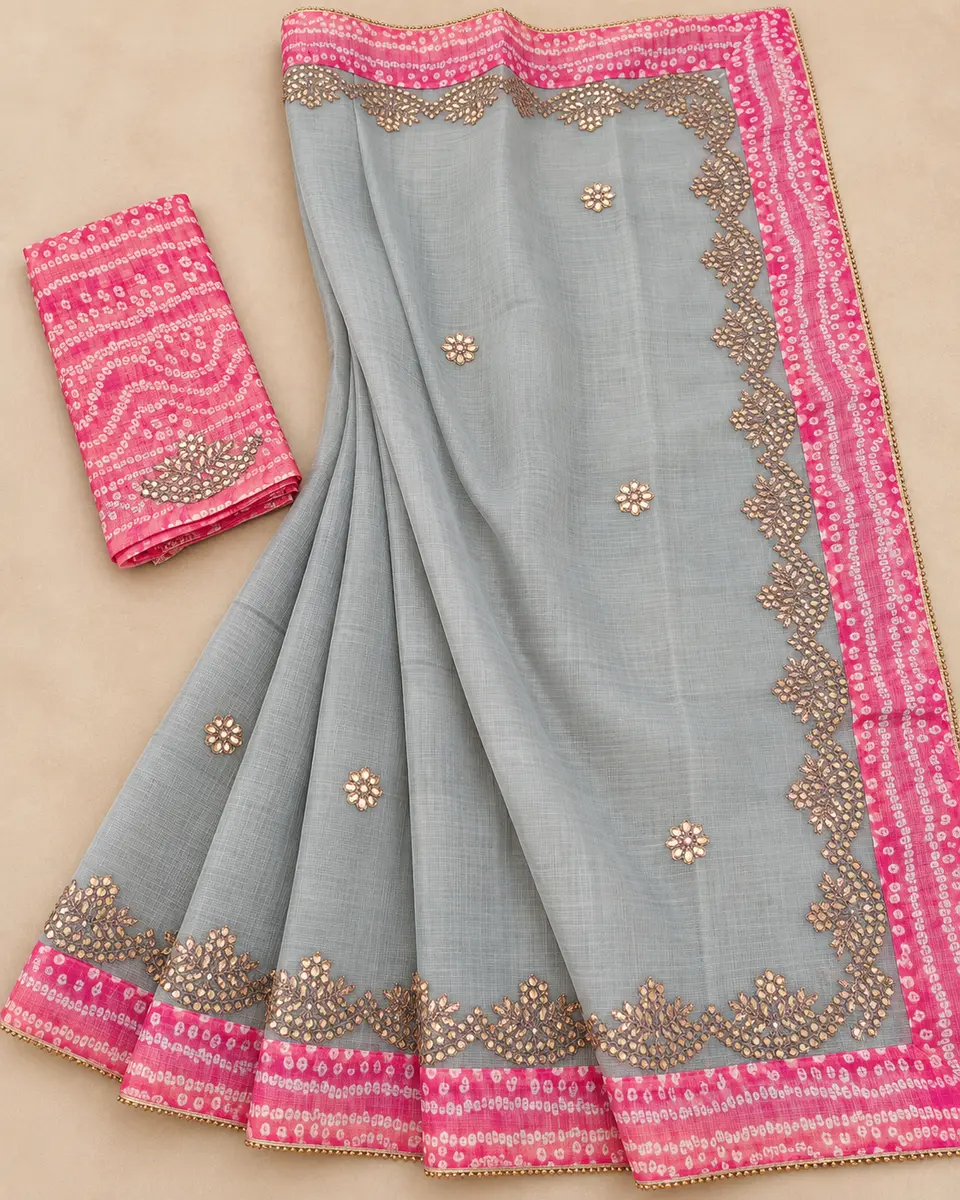 Kota Doria Saree with Pink Bandhej Border and Gota Patti -image 2 of 4