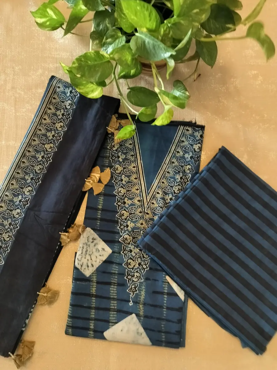 Ajrakh Cotton Block Print Suit Indigo Blue (Unstitched) - Image 1 of 2