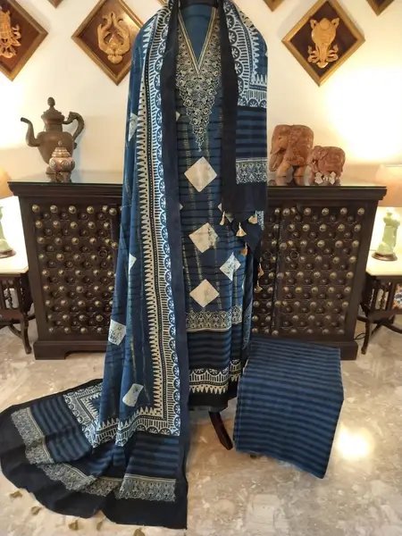 Ajrakh Cotton Block Print Suit Indigo Blue (Unstitched) — 2.5 Mts Kurta Dupatta and Bottom — image 2 of 2
