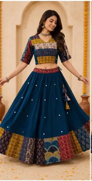 Cotton Ajrakh Chania Choli with Mirror Work - Casual Festive Wear — navy blue patchwork / chania l-39 inches;blouse l-15 inches — image 1 of 5