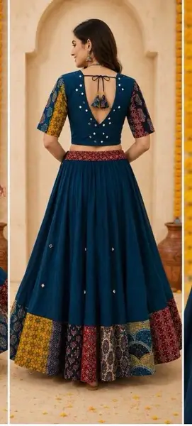 Cotton Ajrakh Chania Choli with Mirror Work - Casual Festive Wear — navy blue patchwork / chania l-39 inches;blouse l-15 inches — image 2 of 5