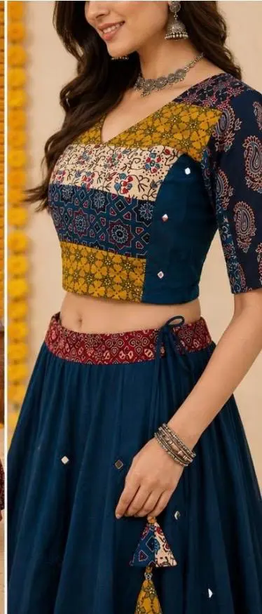 Cotton Ajrakh Chania Choli with Mirror Work - Casual Festive Wear thumbnail 3