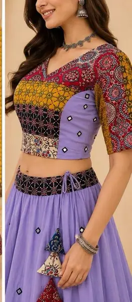 Cotton Ajrakh Chania Choli with Mirror Work - Casual Festive Wear — mauve patchwork / chania l-39 inches;blouse l-15 inches — image 2 of 3