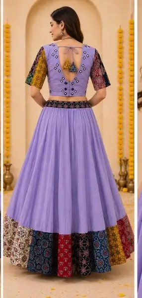 Cotton Ajrakh Chania Choli with Mirror Work - Casual Festive Wear — mauve patchwork / chania l-39 inches;blouse l-15 inches — image 3 of 3