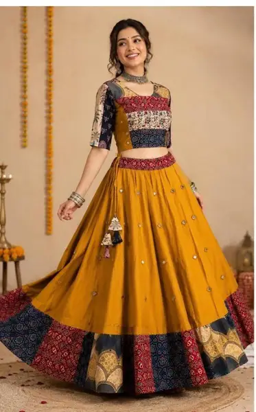 Cotton Ajrakh Chania Choli with Mirror Work - Casual Festive Wear — navy blue patchwork / chania l-39 inches;blouse l-15 inches — image 5 of 5