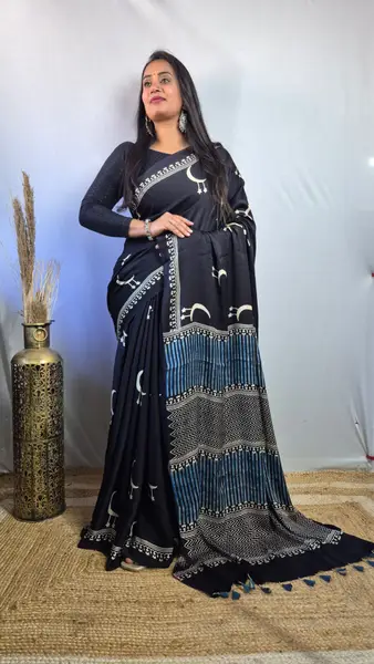 Ajrakh Modal Silk Saree Black Blue Print