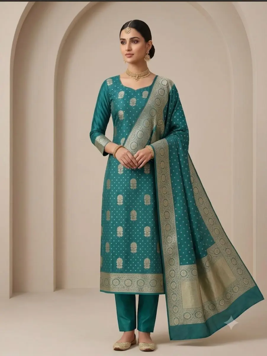 Banarasi Moonga Silk Suit Sets with Zari Bootie and matching Jaal Dupatta (Unstitched) - Image 1 of 2