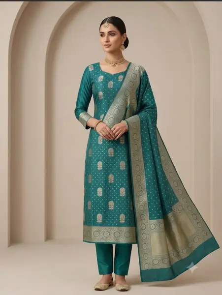 Banarasi Moonga Silk Suit Sets with Zari Bootie and matching Jaal Dupatta (Unstitched) — green / fabric 2.5 mts each — image 1 of 2