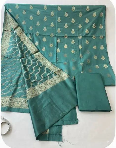 Banarasi Moonga Silk Suit Sets with Zari Bootie and matching Jaal Dupatta (Unstitched) — green / fabric 2.5 mts each — image 2 of 2