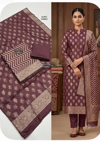 Banarasi Moonga Silk Suit Sets with Zari Bootie and matching Jaal Dupatta (Unstitched) — Maroon / fabric 2.5mts each