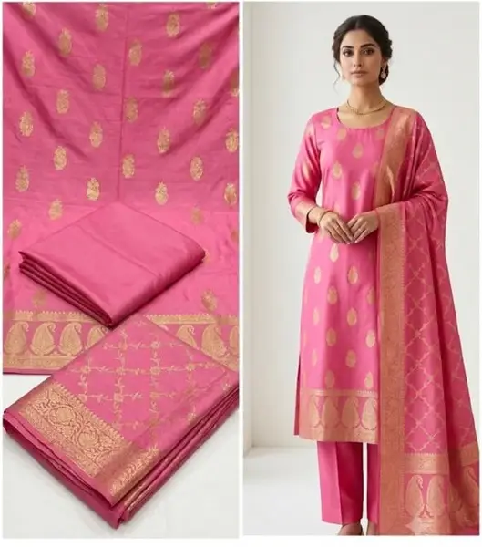 Banarasi Moonga Silk Suit Sets with Zari Bootie and matching Jaal Dupatta (Unstitched) — pink / abric 2.5 mts each