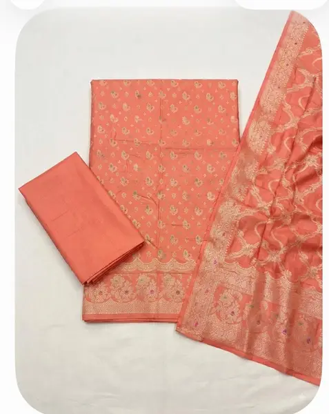 Banarasi Moonga Silk Suit Sets with Zari Bootie and matching Jaal Dupatta (Unstitched) — peach / fabric 2.5 mts each