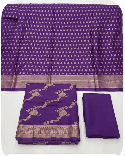 Banarasi Moonga Silk Suit Sets with Zari Bootie and matching Jaal Dupatta (Unstitched) — purple / fabric 2.5 mts each — image 2 of 3