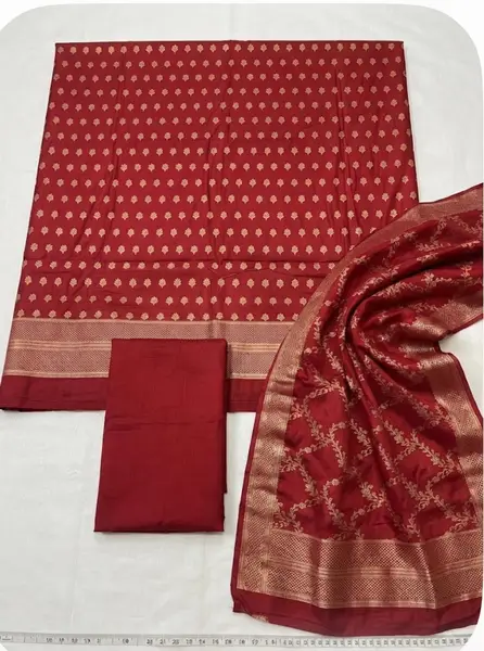 Banarasi Moonga Silk Suit Sets with Zari Bootie and matching Jaal Dupatta (Unstitched) — red / free size