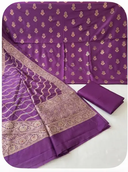 Banarasi Moonga Silk Suit Sets with Zari Bootie and matching Jaal Dupatta (Unstitched) — purple / fabric 2.5 mts each — image 3 of 3