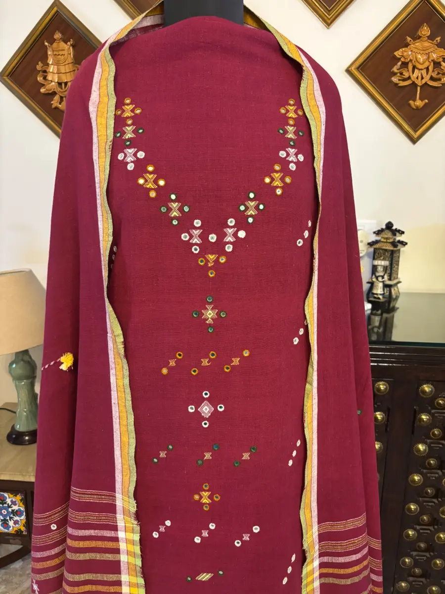 Kutchi Embroidery Cotton Suit Wine Maroon Yellow (Unstitched) — Kurta, Pants and dupatta fabric 2.5mts each — image 2 of 3