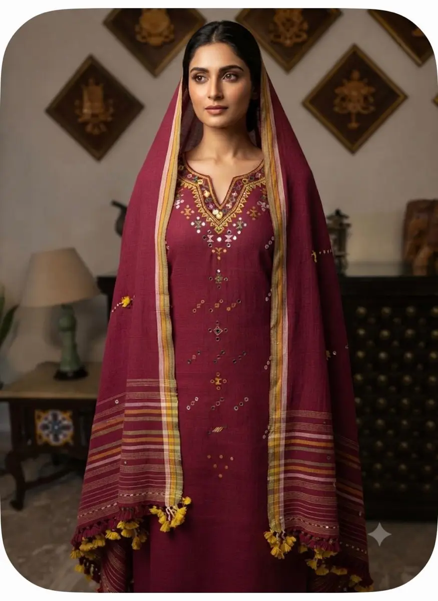 Kutchi Embroidery Cotton Suit Wine Maroon Yellow (Unstitched) — Kurta, Pants and dupatta fabric 2.5mts each — image 3 of 3