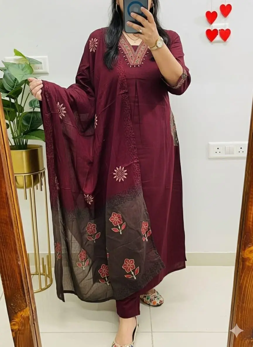 Heavy Cotton Embroidered Kurta Set Maroon (Stitched) - Heritage Craft Product