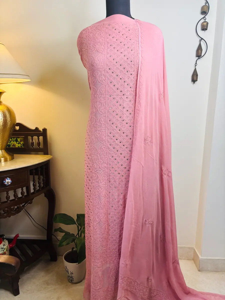 Chikankari Lucknawi Kurta Dupatta Set Pink & Blue (Unstiched) thumbnail 2