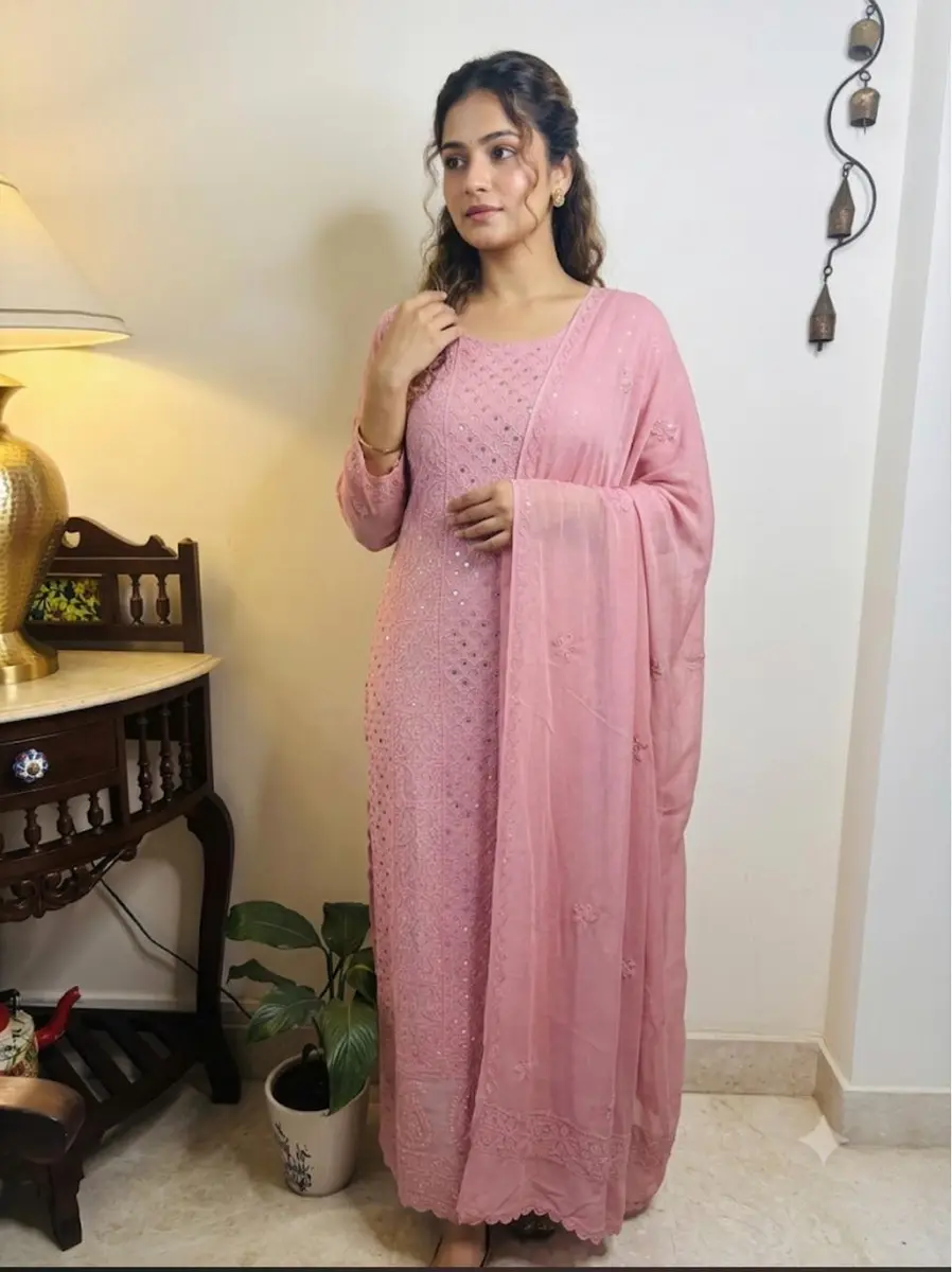 Chikankari Lucknawi Kurta Dupatta Set Pink & Blue (Unstiched) - Image 1 of 3