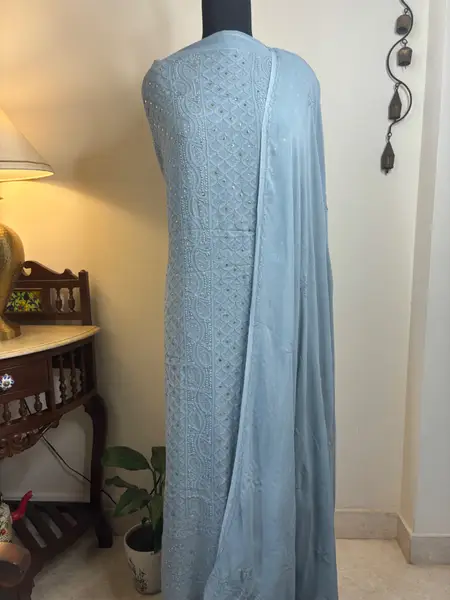 Chikankari Lucknawi Kurta Dupatta Set Pink & Blue (Unstiched) -blue / free size -image 2 of 2