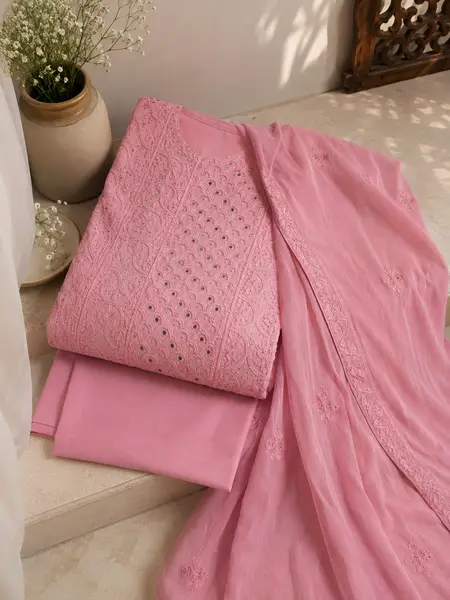 Chikankari Lucknawi Kurta Dupatta Set Pink & Blue (Unstiched) -pink / free size -image 3 of 3