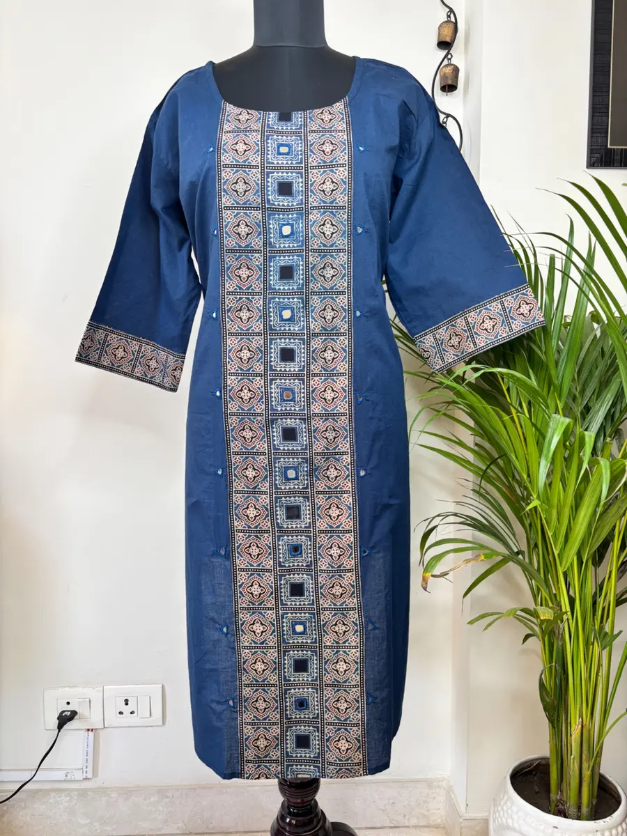 Ajrakh Cotton Kurta with Mirror Work Blue thumbnail 2