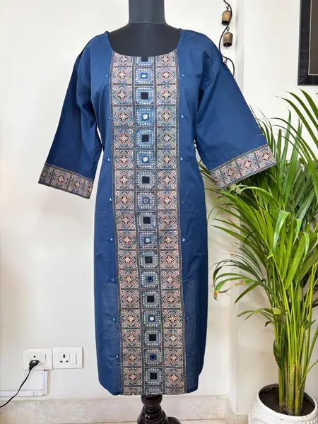 Ajrakh Cotton Kurta with Mirror Work Blue — image 2 of 3