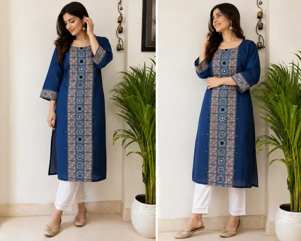 Ajrakh Cotton Kurta with Mirror Work Blue — image 1 of 3