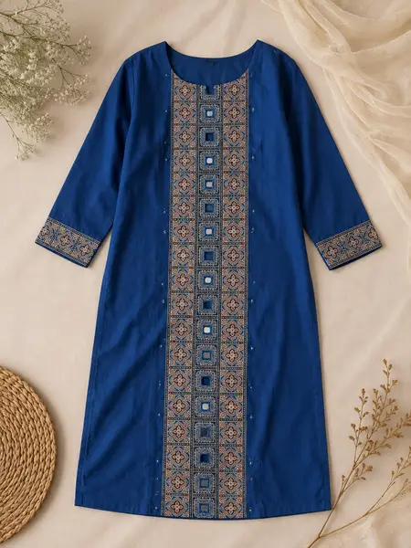 Ajrakh Cotton Kurta with Mirror Work Blue — image 3 of 3