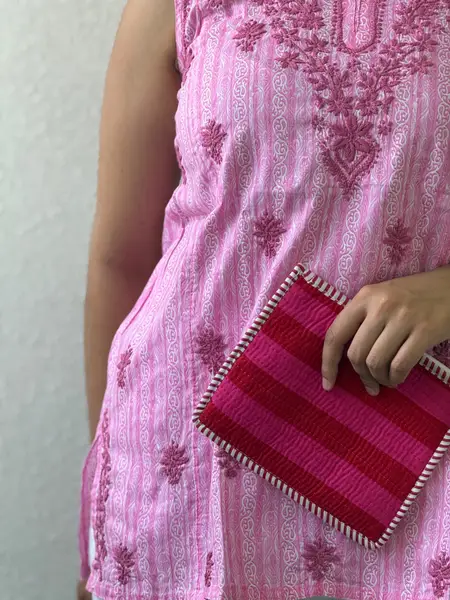 Lucknowi Chikankari Cotton Short Kurti Pink Yellow — Pink / m — image 1 of 4