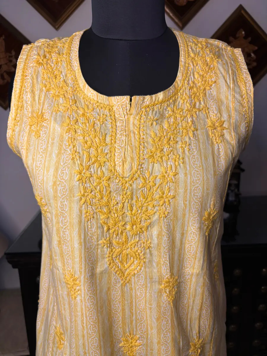 Lucknowi Chikankari Cotton Short Kurti Pink Yellow thumbnail 3