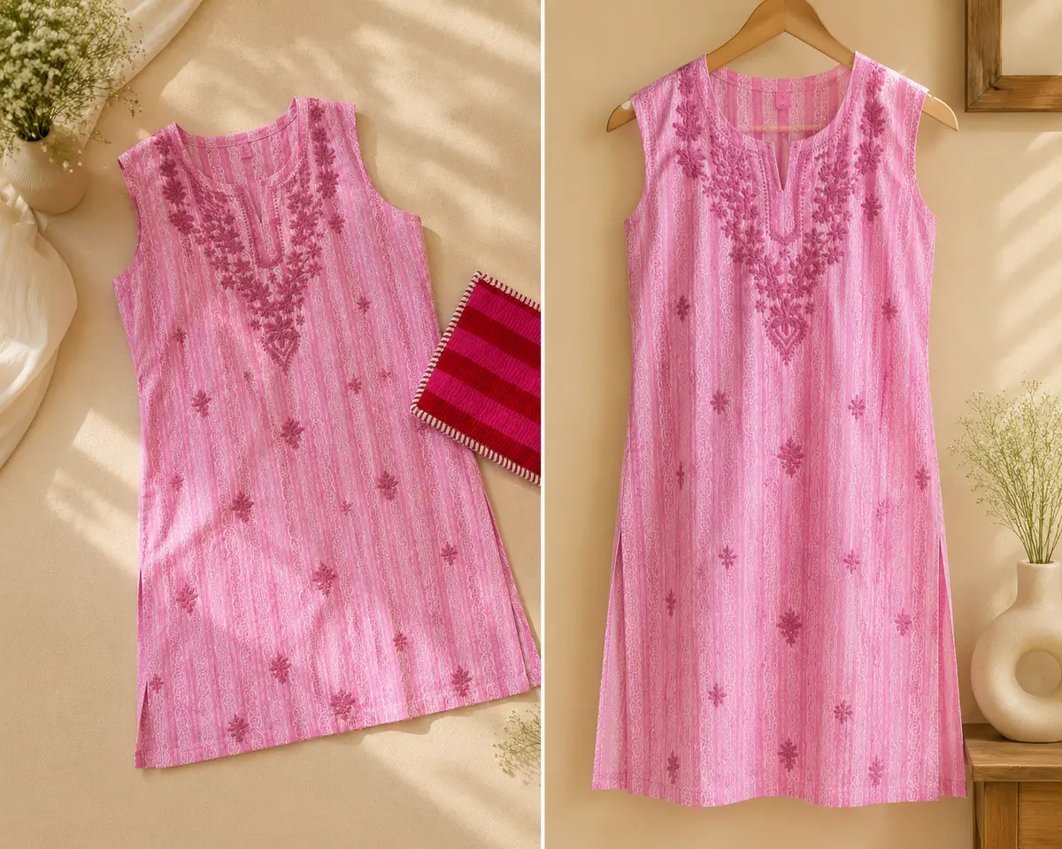 Lucknowi Chikankari Cotton Short Kurti Pink Yellow thumbnail 3
