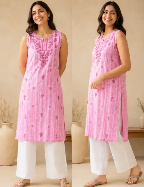 Lucknowi Chikankari Cotton Short Kurti Pink Yellow thumbnail 2
